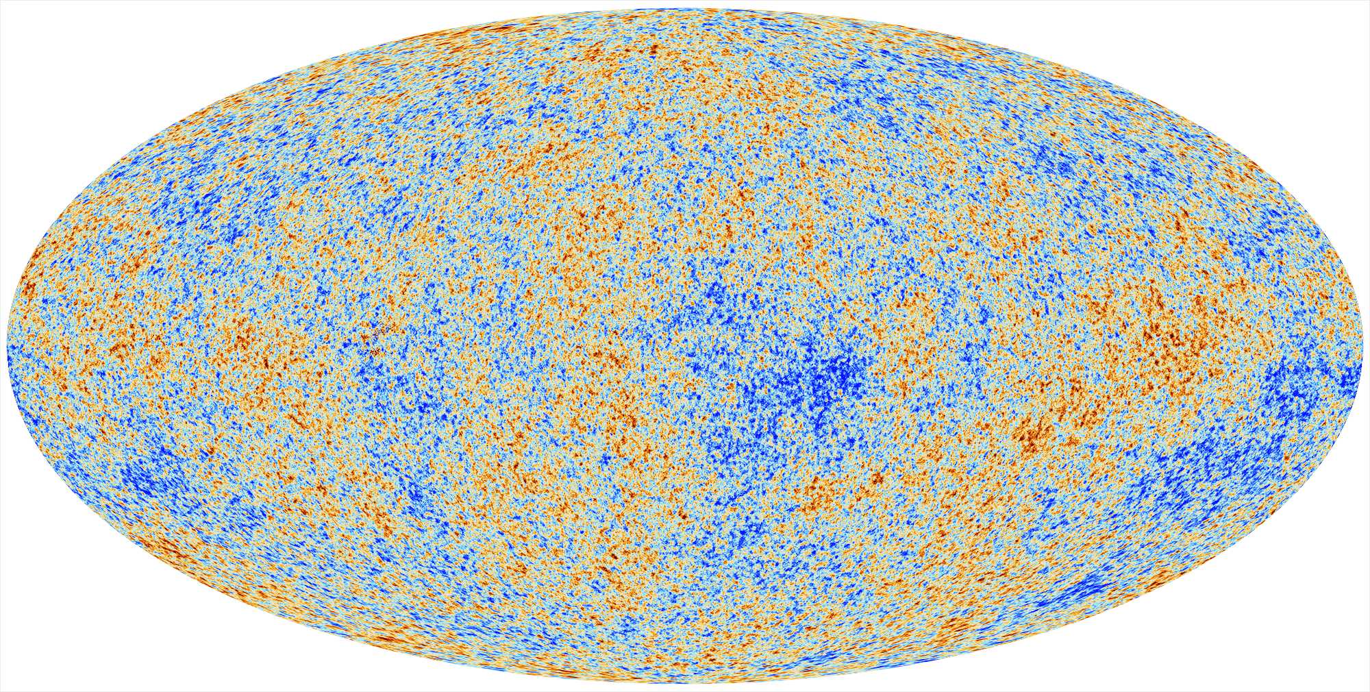 Temperature map of the Cosmic Microwave Background (CMB) observed by the Planck satellite. The relative difference observed between the temperature of hot (red) and cold (blue) spots relative to the mean is of the order of \delta \theta / \theta \approx 10^{-5}.