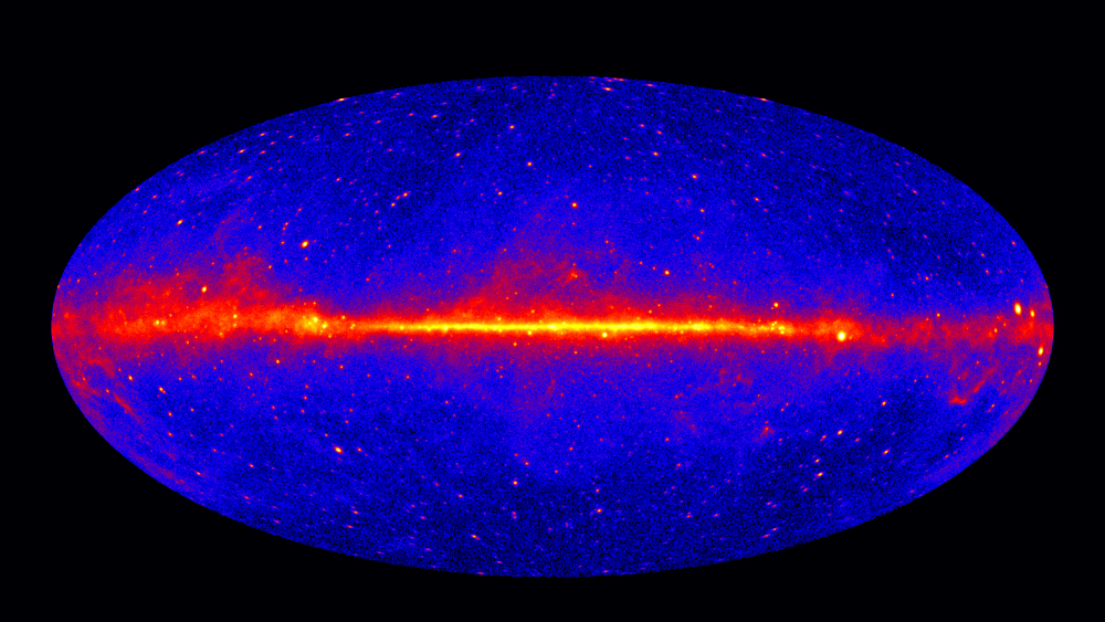 Skymap in Galactic coordinates of the excess of gamma-rays with energies above 1\,GeV from 5 years of observations with Fermi-LAT. From this page.