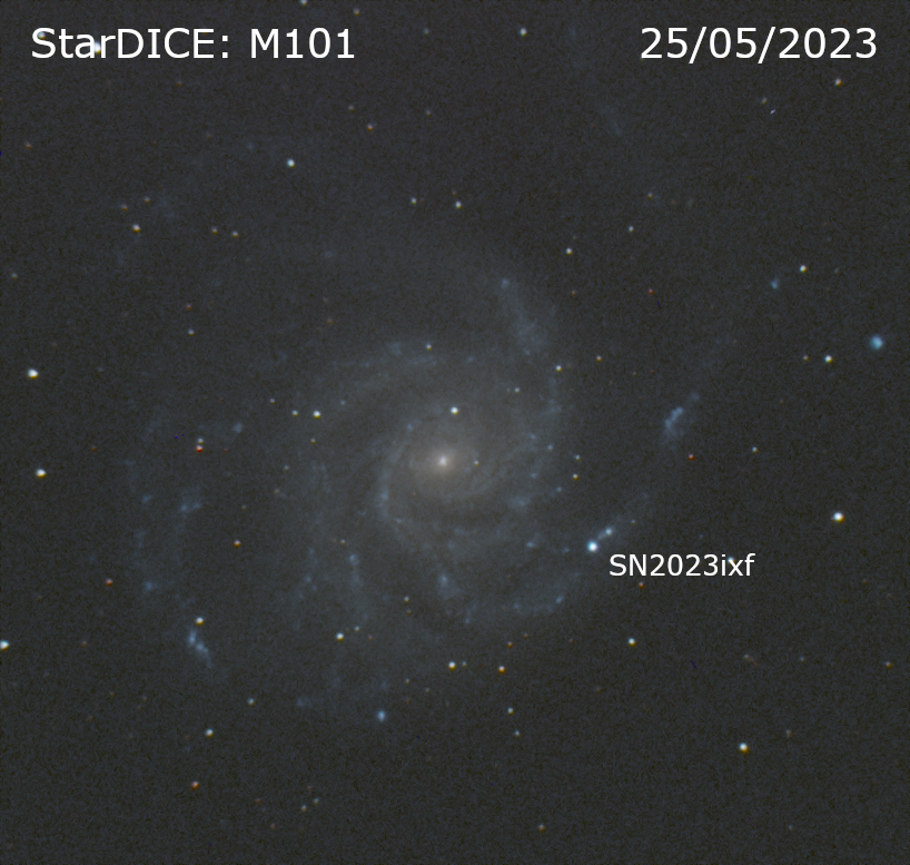 La supernova sn2023ixf découverte par le relevé ZTF et photographiée par le télescope StarDICE (Newton, diamètre 40\,cm) dans 4 filtres ugri le 25 mai 2023.