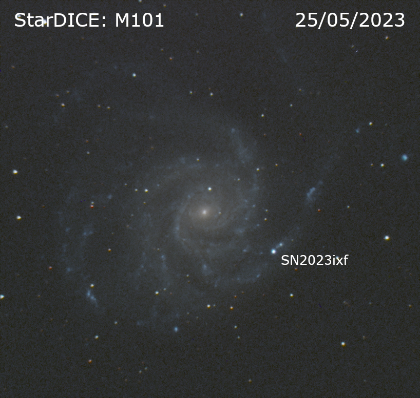 The supernova sn2023ixf discovered by the ZTF survey and photographed by the StarDICE telescope (Newton, diameter 40\,cm) in 4 ugri filters on 25 May 2023.