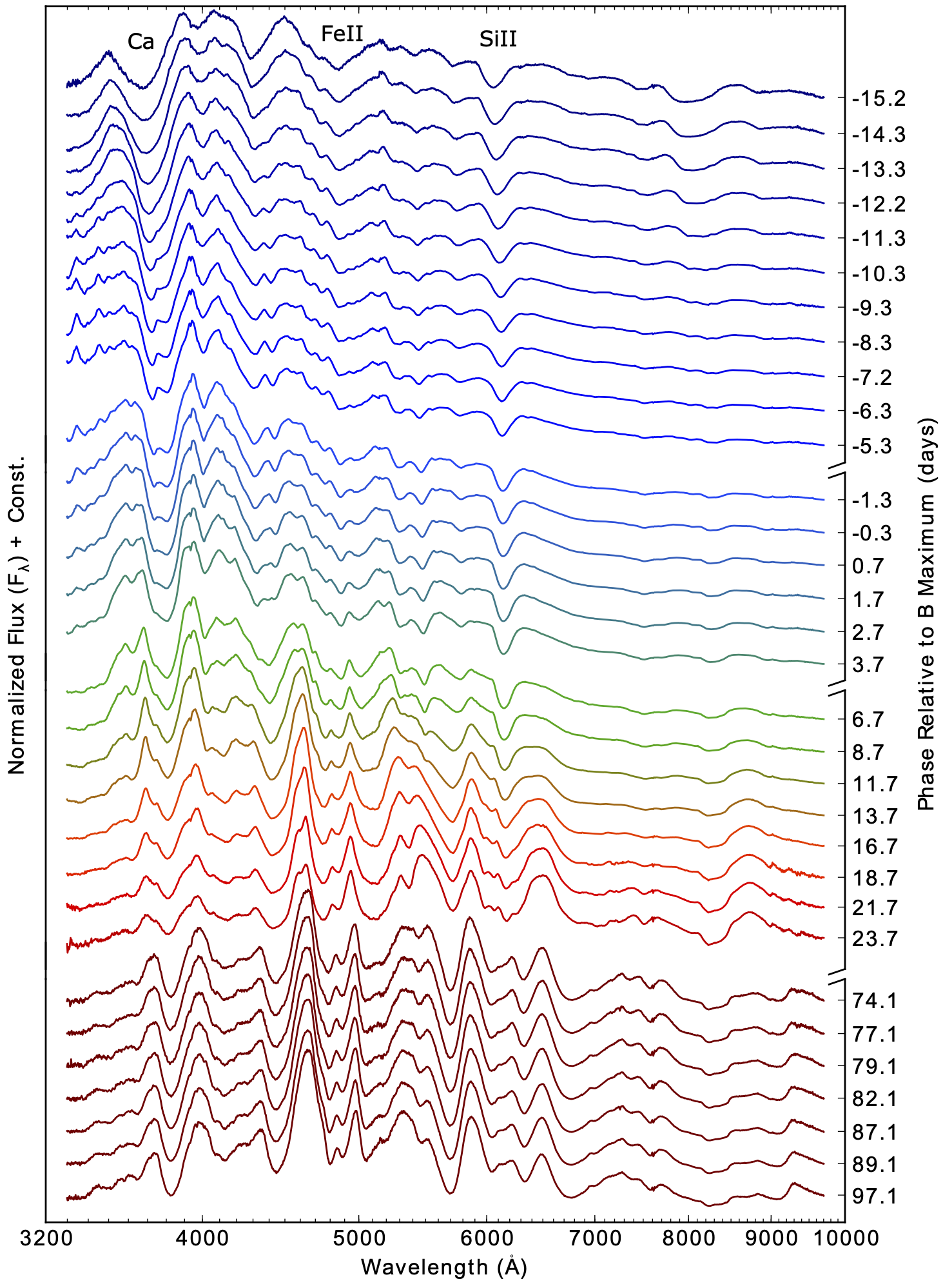 Spectro-temporal series of SN2011fe measured by the SNfactory survey . The names of the main components of the spectrum are indicated in the upper part of the figure.